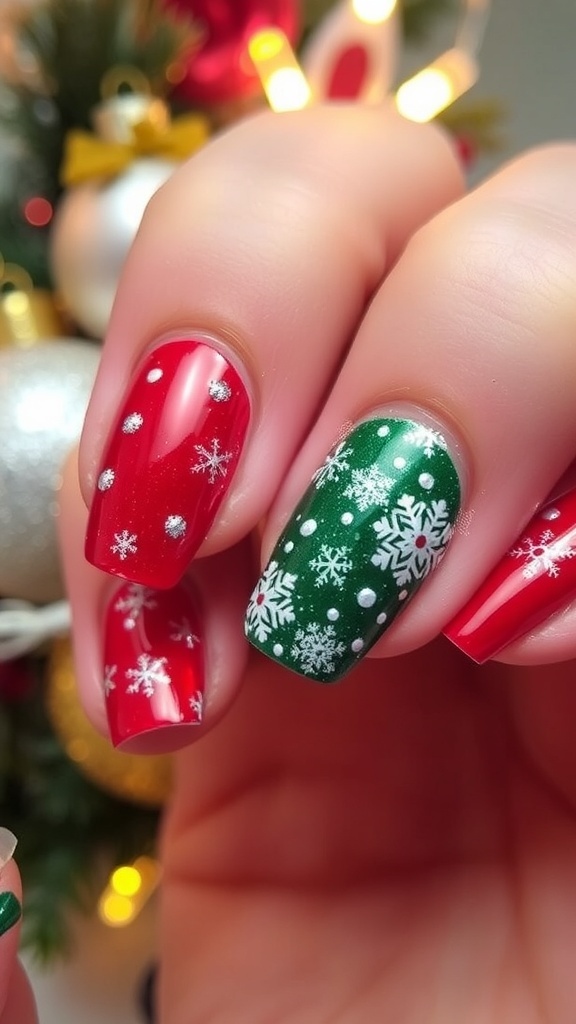 Festive Christmas nails with red, green, and white designs featuring snowflakes and glitter.